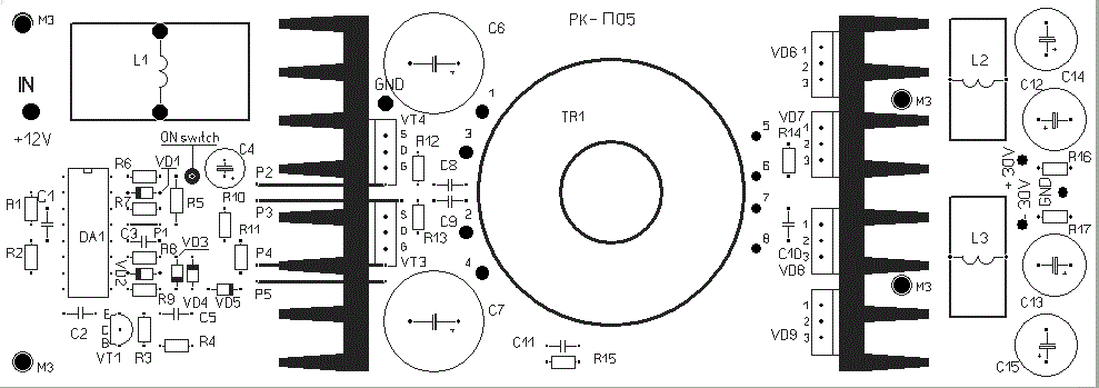 Монтажная схема радиоконструктора NM0605 для сборки автомобильного преобразователя напряжения из DC 12 Вольт в двухполярное +/- 35 Вольт (3 А)