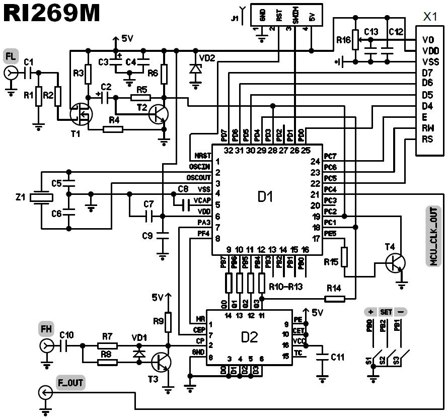 Принципиальная схема модудя RI269M. Частотомера 100 Гц...100 МГц с LCD дисплеем