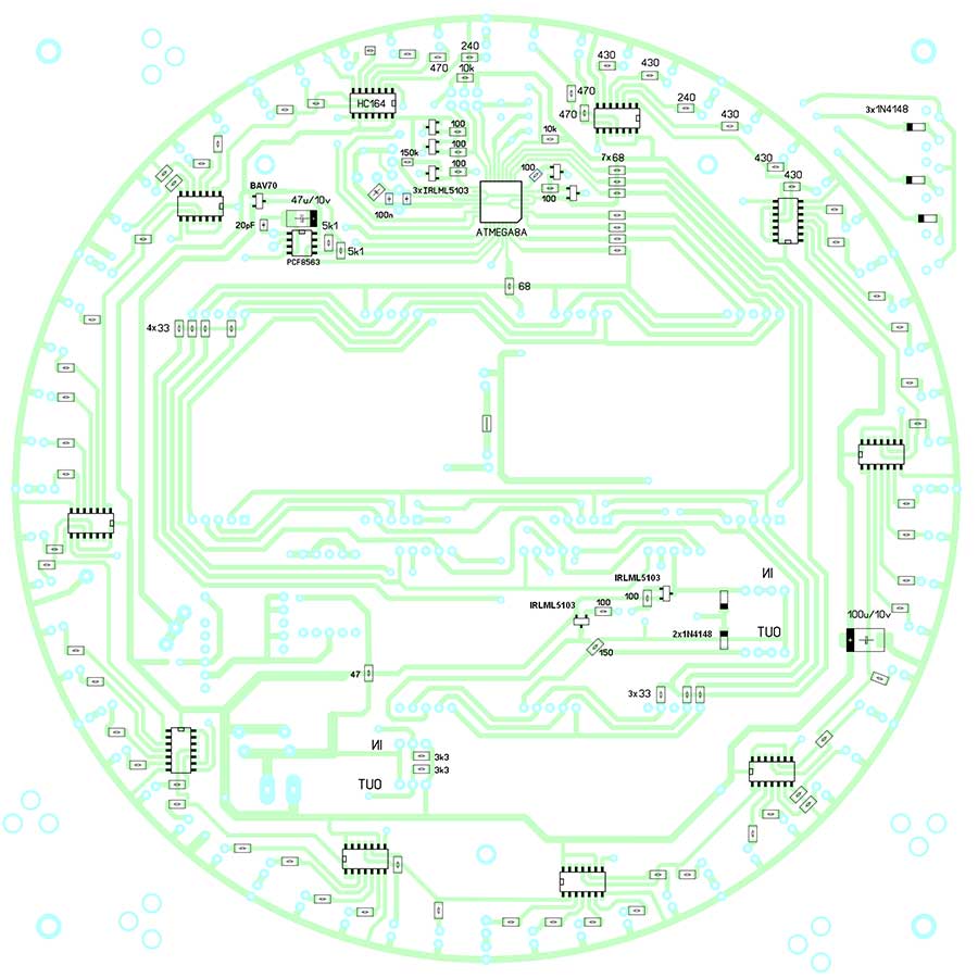 Монтажная схема часов-термометра на микроконтроллере ATmega8A с LED секундной стрелкой